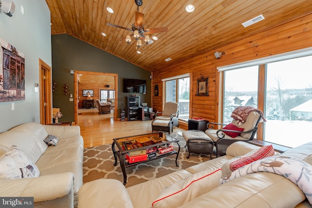 living room with ceiling fan, high vaulted ceiling, wooden ceiling, and light wood-type flooring