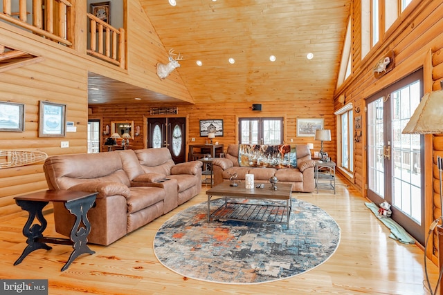 living room featuring french doors, high vaulted ceiling, wood ceiling, and light wood-type flooring