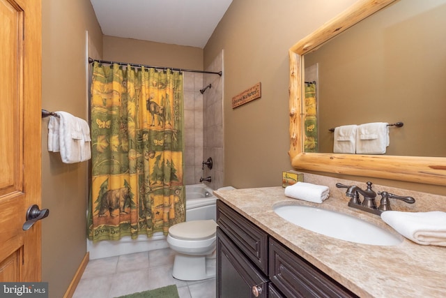 full bathroom featuring tile patterned flooring, vanity, shower / bath combination with curtain, and toilet