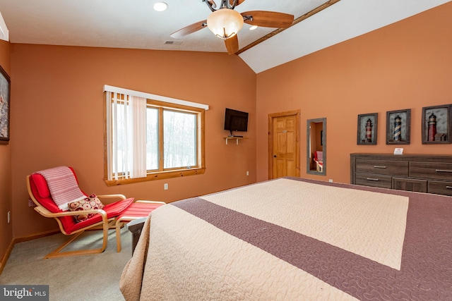 bedroom featuring carpet flooring, ceiling fan, and vaulted ceiling