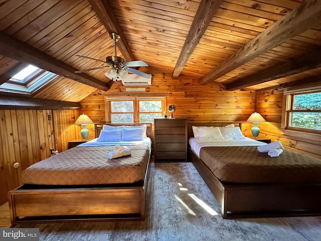 bedroom with wood walls, lofted ceiling with skylight, dark wood-type flooring, wooden ceiling, and ceiling fan