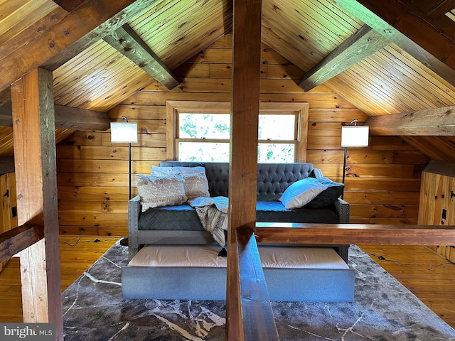 bedroom featuring vaulted ceiling with beams, wooden walls, hardwood / wood-style floors, and wooden ceiling