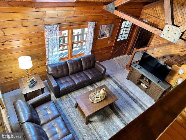 living room with wood walls