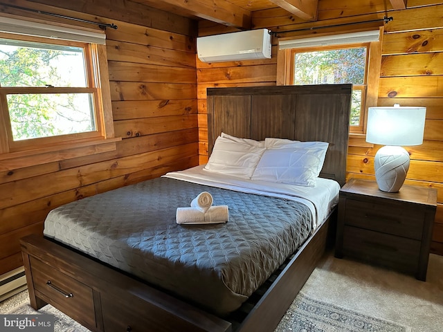 bedroom with beamed ceiling, a baseboard heating unit, a wall mounted AC, wood walls, and light colored carpet