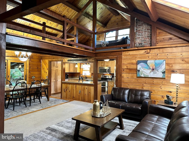 living room featuring light colored carpet, a wealth of natural light, and wooden walls