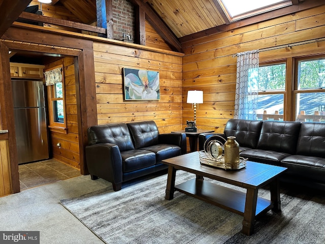 living room with a skylight, wood walls, and wood ceiling