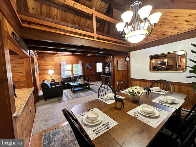 dining room with hardwood / wood-style flooring, beamed ceiling, wooden walls, and a chandelier