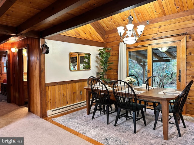 carpeted dining space featuring wood walls, wooden ceiling, an inviting chandelier, a baseboard radiator, and beam ceiling