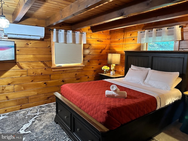 bedroom featuring carpet flooring, a wall mounted air conditioner, beamed ceiling, wood walls, and wood ceiling