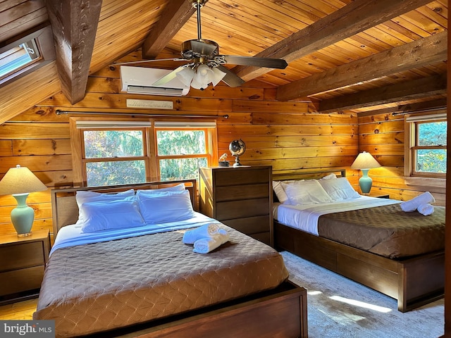 bedroom with multiple windows, wooden walls, ceiling fan, and vaulted ceiling with beams