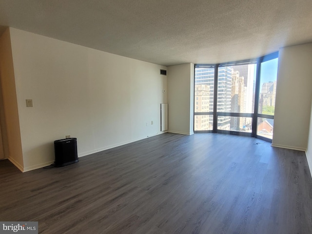 empty room with a textured ceiling, floor to ceiling windows, and dark wood-type flooring