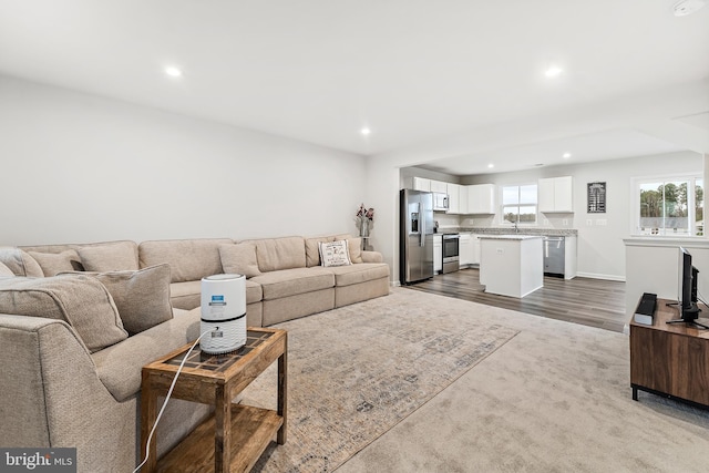 living room featuring dark wood-type flooring