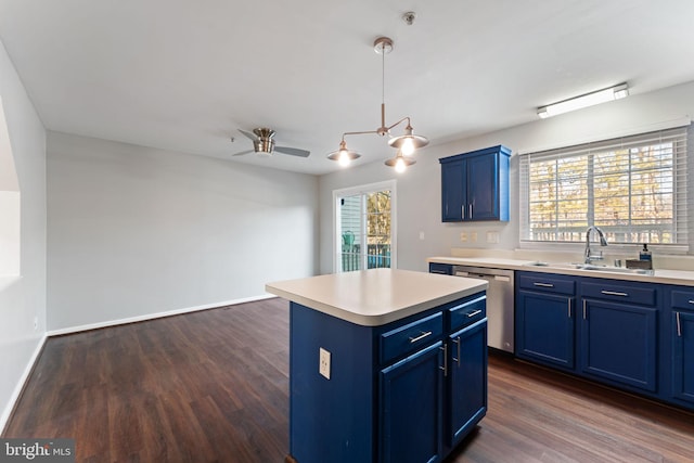 kitchen with pendant lighting, blue cabinets, sink, a center island, and stainless steel dishwasher