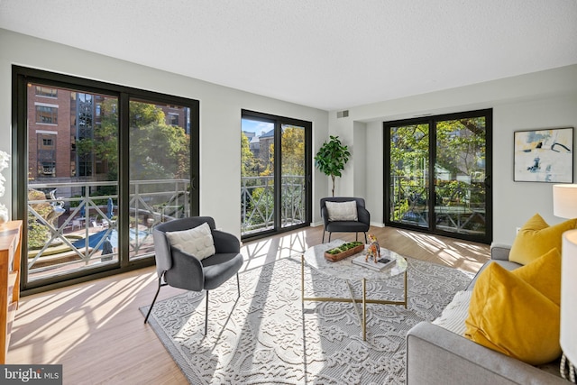 living room with a textured ceiling and light hardwood / wood-style floors