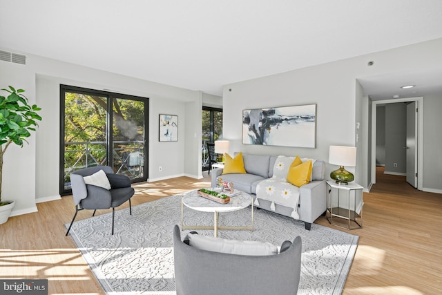 living room with light hardwood / wood-style flooring