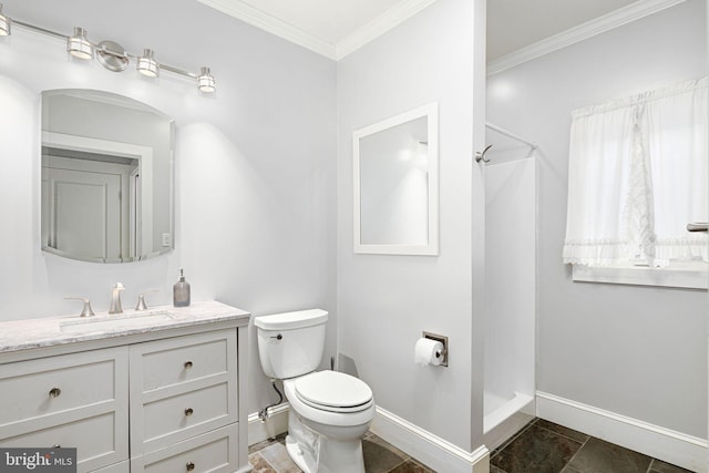 bathroom with a shower, vanity, toilet, and ornamental molding