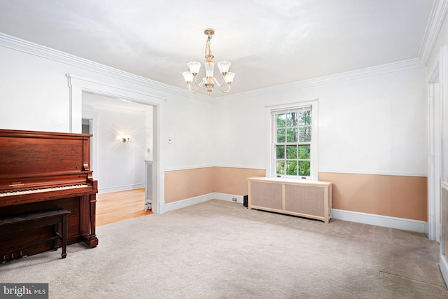 misc room with ornamental molding, light carpet, and an inviting chandelier