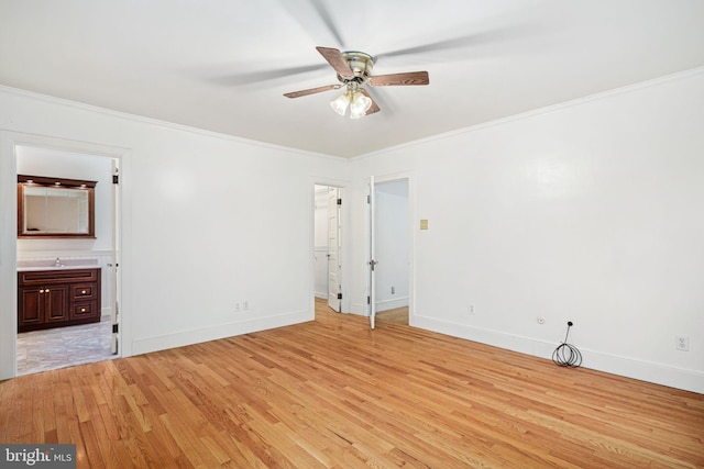 unfurnished bedroom with ensuite bathroom, crown molding, ceiling fan, and light hardwood / wood-style floors