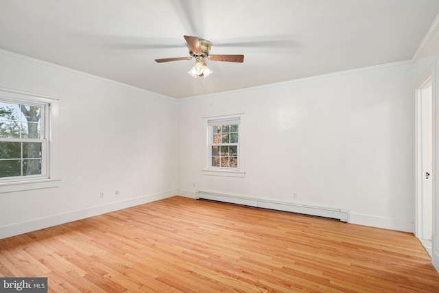 unfurnished room with light wood-type flooring, baseboard heating, ornamental molding, and ceiling fan