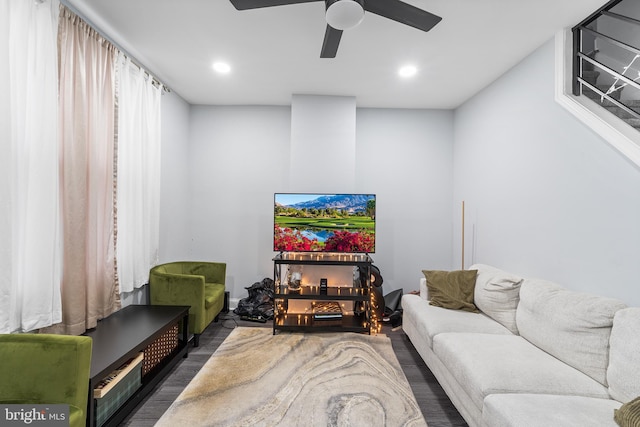 living room with ceiling fan and dark hardwood / wood-style floors