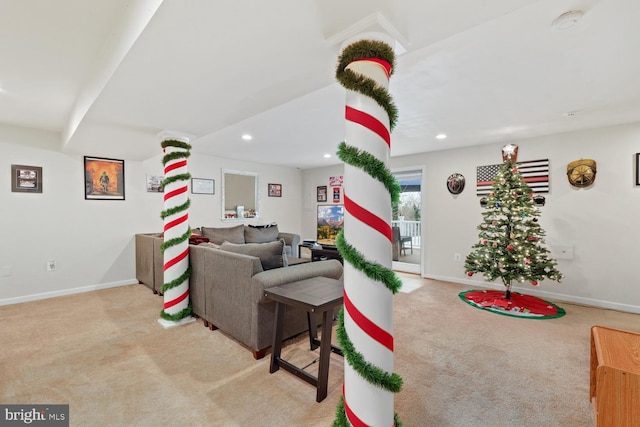 living room featuring light carpet