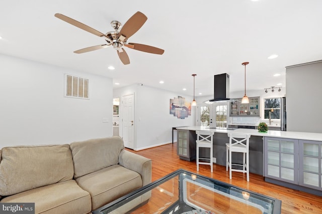 living room featuring light wood-type flooring and ceiling fan