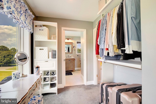 walk in closet with light colored carpet