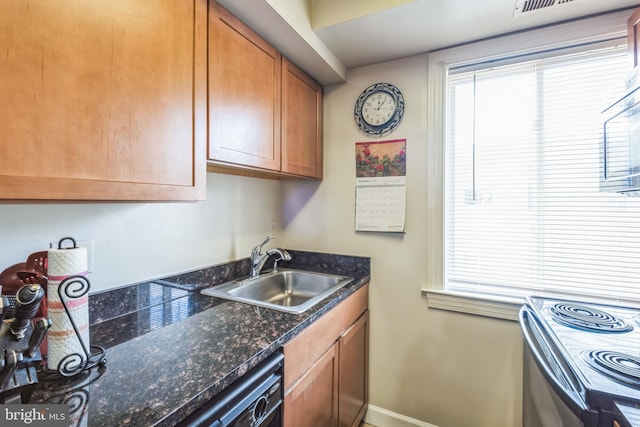 kitchen with dark stone countertops, stainless steel electric range oven, sink, and black dishwasher