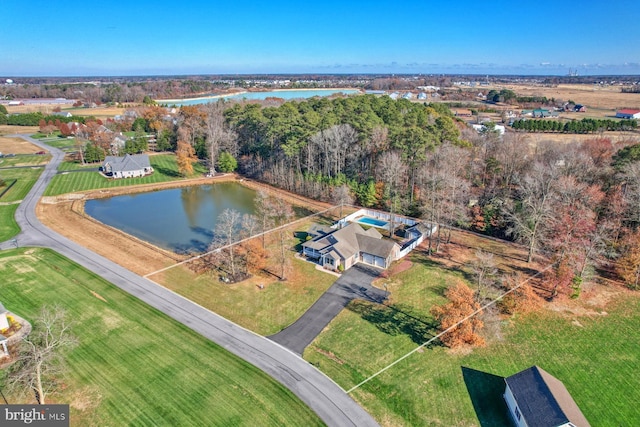 drone / aerial view featuring a water view