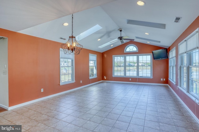 unfurnished room featuring light tile patterned floors, ceiling fan with notable chandelier, and lofted ceiling