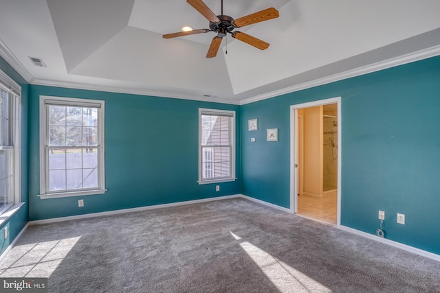 carpeted spare room with a raised ceiling, ceiling fan, and ornamental molding