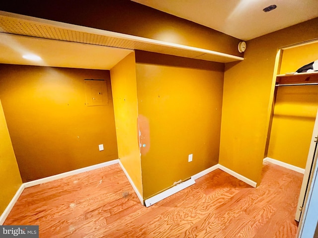 interior space featuring electric panel and hardwood / wood-style flooring