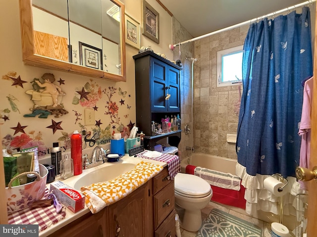 303 16th St, Saxton, PA 16678 - full bathroom with tile patterned floors, vanity, shower / bathtub combination with curtain, and toilet