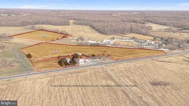 birds eye view of property featuring a rural view