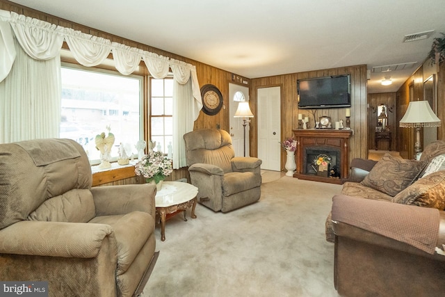 living room featuring carpet and wood walls