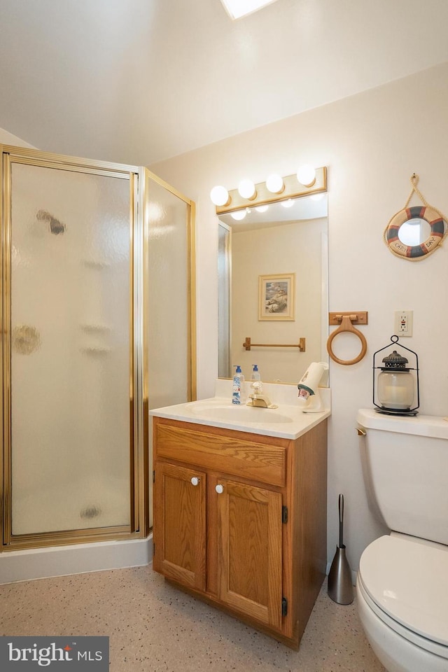 bathroom featuring vanity, toilet, and an enclosed shower