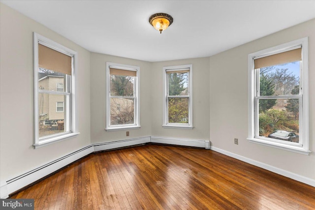 spare room featuring dark wood-type flooring and a baseboard heating unit