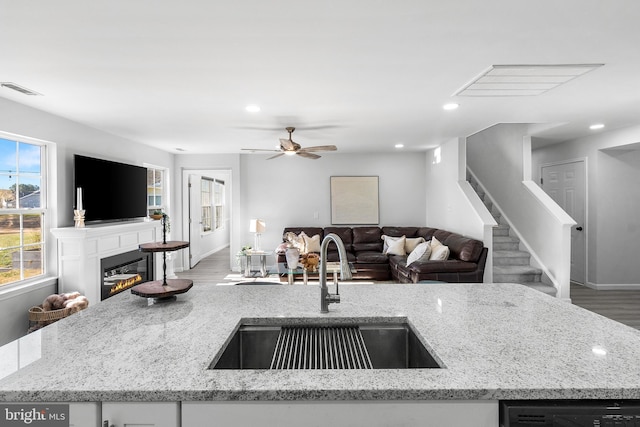 kitchen featuring dishwasher, wood-type flooring, light stone countertops, and sink