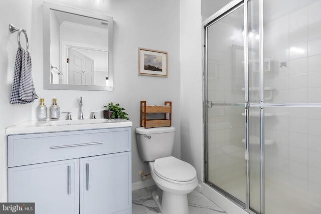 bathroom featuring crown molding, toilet, vanity, and walk in shower