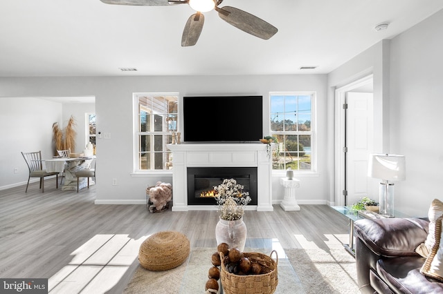 living room with light wood-type flooring, ceiling fan, and a healthy amount of sunlight