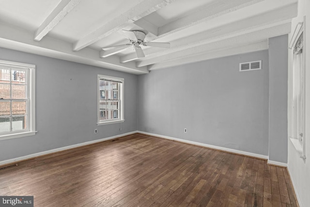 empty room featuring beamed ceiling, dark hardwood / wood-style floors, a healthy amount of sunlight, and ceiling fan