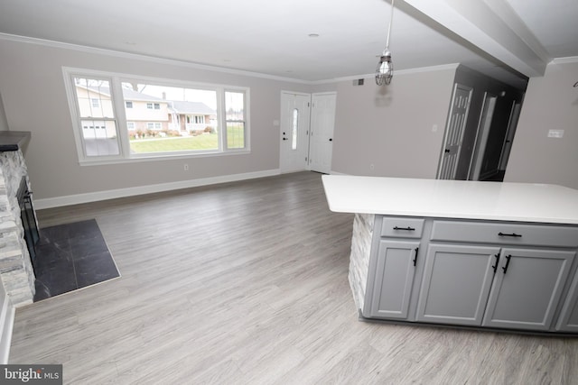 kitchen with gray cabinets, crown molding, light hardwood / wood-style flooring, and pendant lighting