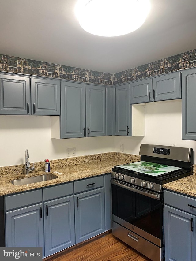 kitchen featuring sink, stainless steel gas range, and dark hardwood / wood-style floors