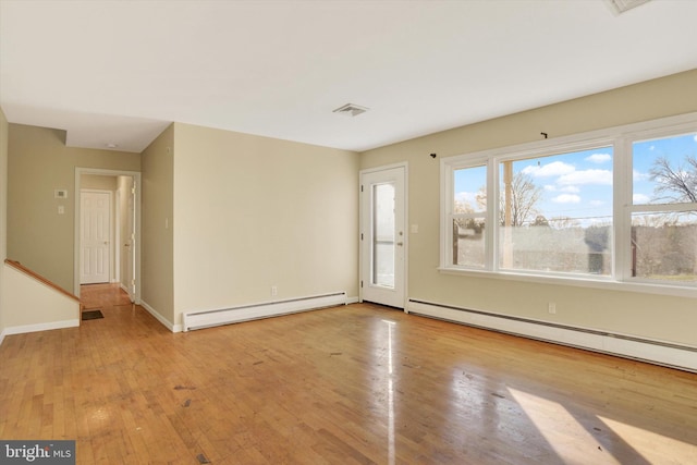 unfurnished room with light hardwood / wood-style flooring and a baseboard radiator