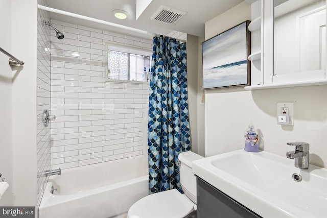 full bathroom with shower / tub combo, vanity, and toilet