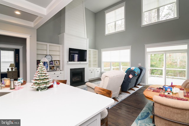 living room with beamed ceiling, a large fireplace, a towering ceiling, and dark wood-type flooring