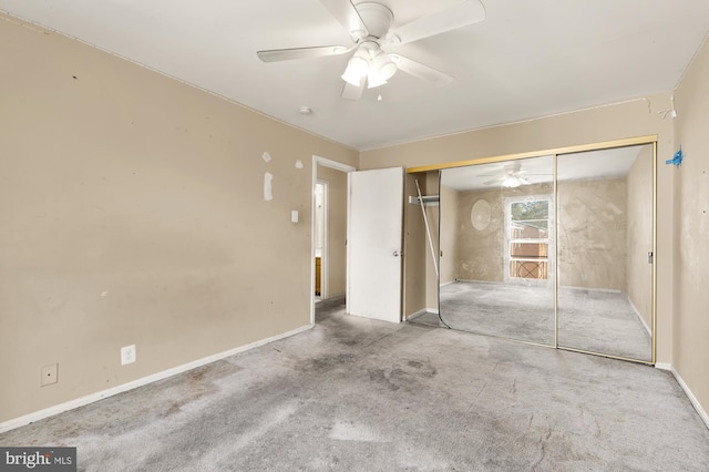 unfurnished bedroom with ceiling fan, a closet, and light carpet