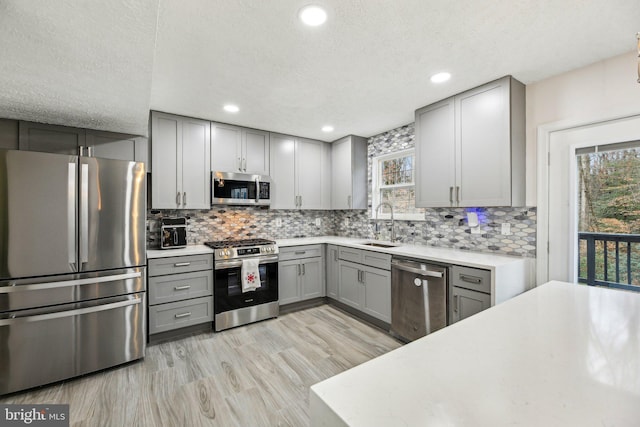 kitchen featuring a textured ceiling, stainless steel appliances, gray cabinets, and tasteful backsplash