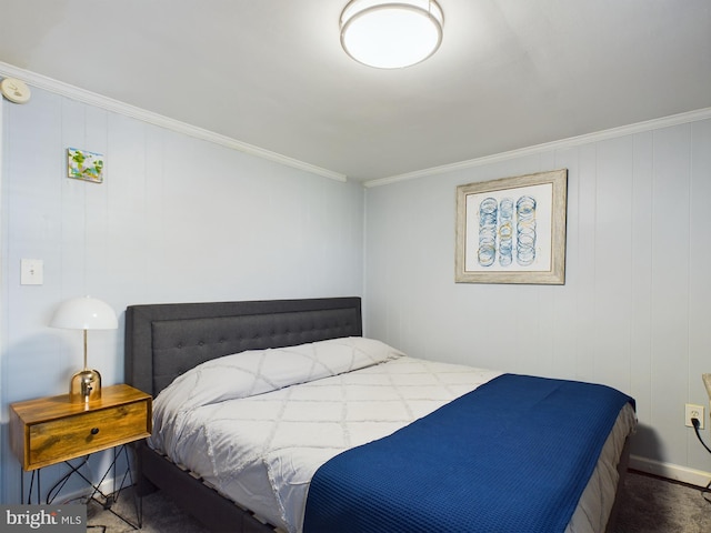 carpeted bedroom featuring ornamental molding