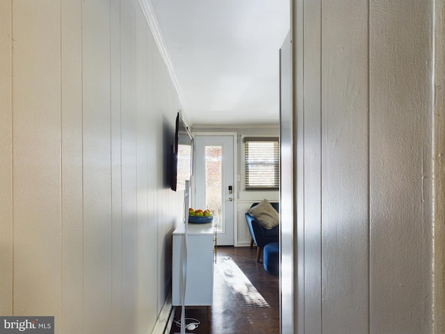 hall featuring wood walls, dark hardwood / wood-style flooring, and crown molding